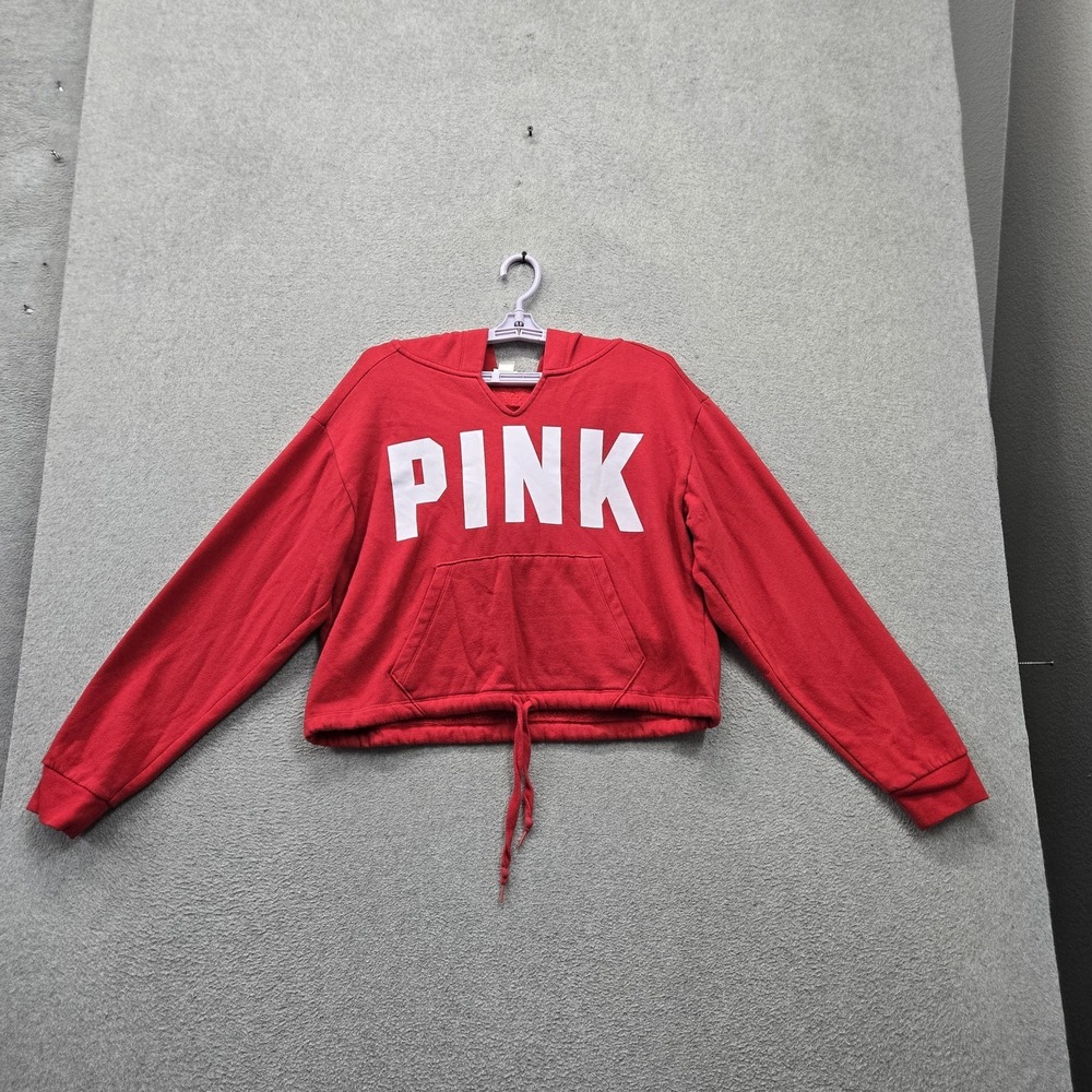 PINK Victoria's Secret Women Hoodie M Red Fleece Lettering Cropped Logo